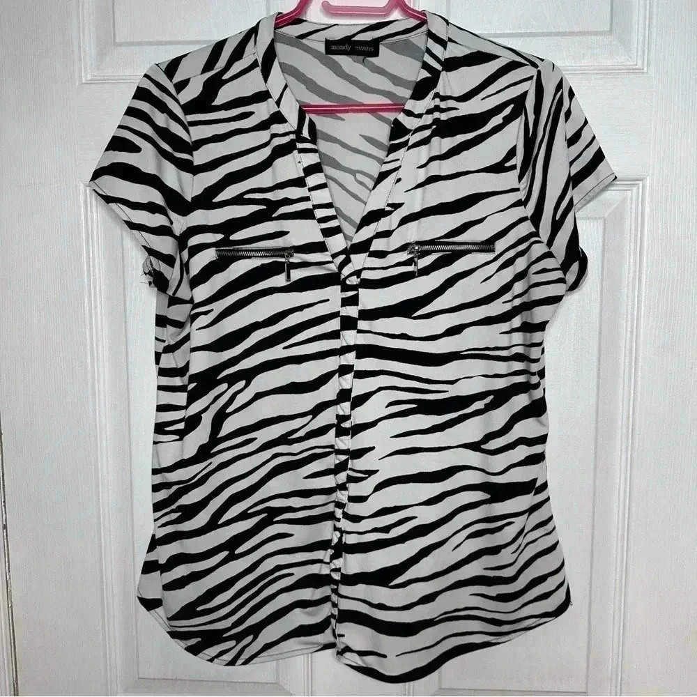Mandy Evans Blouse Zippered Pockets Zebra Print Black & White Size  XL